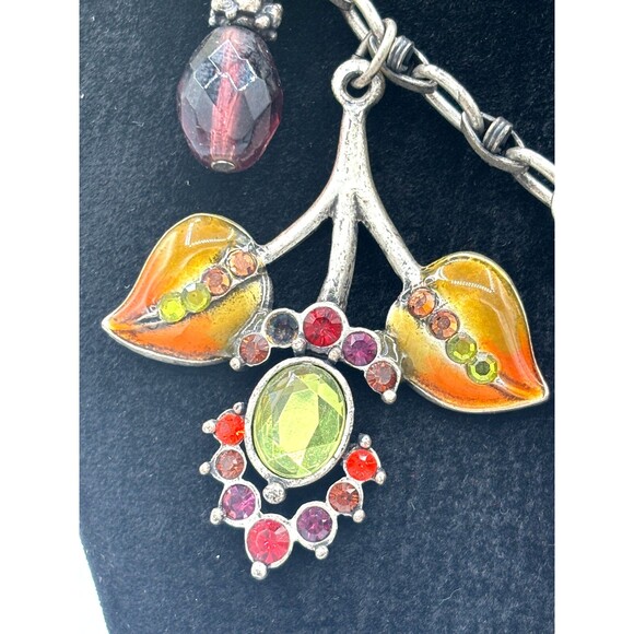 Chicos‎ Floral Rhinestone Statement Necklace 17" Extender Enamel Leaf Silvertone - Picture 4 of 15